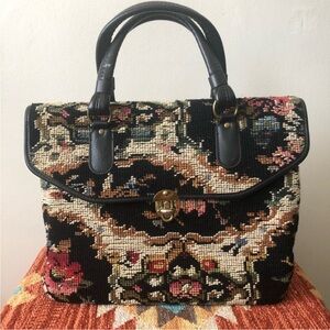 Large Vintage Embroidered Needlepoint Carpet Bag